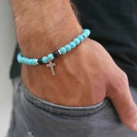 Böhmisches Türkis Perlen Armband Ethnisch Kreuz Anhänger Elastisch Stein Legierung Holz Schmuck Für Damen Herren Vintage Armband