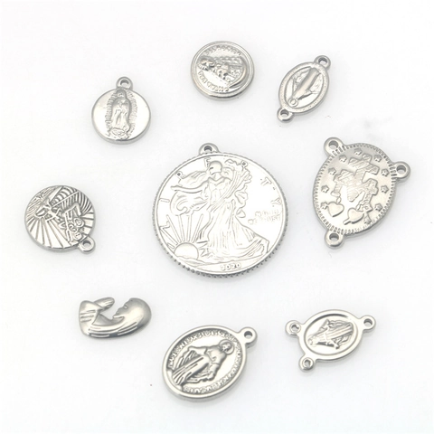 Stainless Steel Religious Virgin Mary Jesus Pendant Coin Medallion Relief For DIY Necklace Bracelet Jewelry Making Accessory