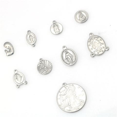 Stainless Steel Religious Virgin Mary Jesus Pendant Coin Medallion Relief For DIY Necklace Bracelet Jewelry Making Accessory