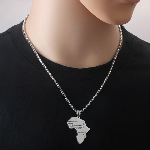 Stainless Steel Africa Map Pendant Necklace Hip Hop Punk Engraved City Names Geographic Map Jewelry For Men Women Unisex Gift