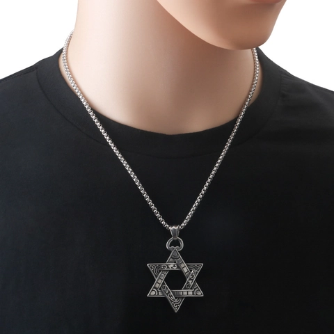 Collana con Ciondolo a Stella di David in Acciaio Inossidabile Vintage per Uomo Donna Gioielli Esagramma Incisi Retro Colore Argento