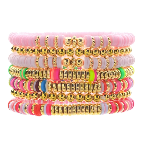 7Pcs Bohemian Multi-layer Polymer Clay Beaded Bracelet Set Handmade Elastic Heishi Bead Wristband Summer Beach Jewelry For Men Women