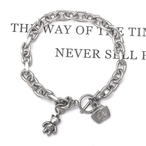Stainless Steel Bear Nurse Hat Pendant Chunky O-Chain OT Clasp Bracelet For Women Fashion Simple Niche Design Jewelry