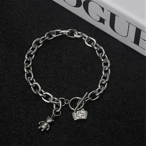 Stainless Steel Bear Nurse Hat Pendant Chunky O-Chain OT Clasp Bracelet For Women Fashion Simple Niche Design Jewelry