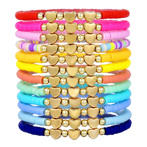 Bohemian Rainbow Polymer Clay Heishi Beads Bracelet Set For Women Handmade Heart Cross Charm Elastic Stackable Jewelry