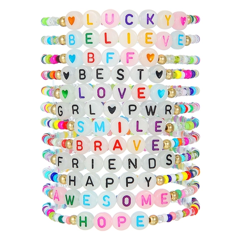 Juego de Pulseras de Cuentas de Alfabeto Coloridas Bohemias para Mujeres Niños Pulseras Elásticas Luminosas de Acrílico Arcilla Polimérica Heishi Joyería de Verano Regalo