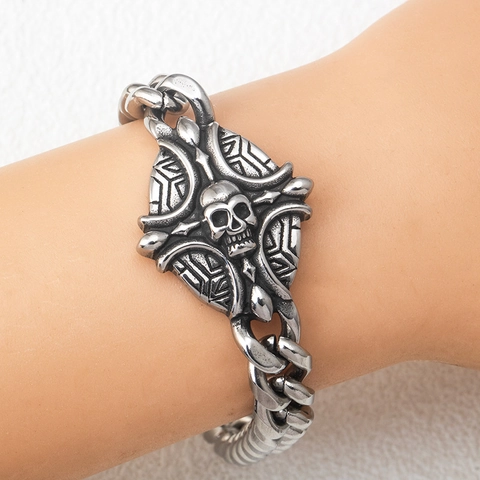Men Stainless Steel Punk Gothic Skull Cross Bracelet Retro Masonic Antique Silver Cuban Link Chain Hip Hop Jewelry Gift