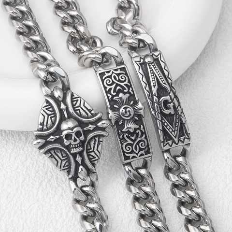 Men Stainless Steel Punk Gothic Skull Cross Bracelet Retro Masonic Antique Silver Cuban Link Chain Hip Hop Jewelry Gift