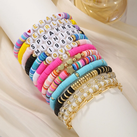 Bohemian Multilayered Polymer Clay Heishi Beads Bracelet Set Alloy Heart Star Pendant Letter Beads Party Jewelry For Women
