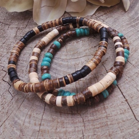 Bohemian Turquoise Wood Bead Coconut Shell Bracelet Vintage Ethnic Beaded Men Bracelet Jewelry For Daily Vacation Men Women