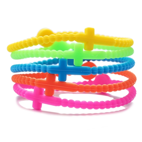 Minimalist Silicone Cross Beaded Bracelet Multicolor Macaron Elastic Religious Wristband For Women Kids Fashion Jewelry Accessory