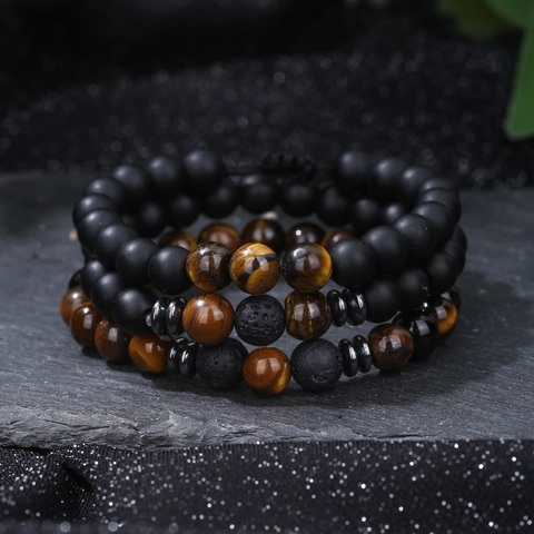 Collezione di Bracciali con Perline in Pietra Vulcanica Ossidiana Occhio di Tigre da Uomo Intrecciati Regolabili Elastici