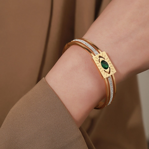 Stainless Steel Evil Eye Bangle For Women 18K Gold Plated Zirconia Green Gemstone Inlaid Adjustable Bracelet Jewelry Gift