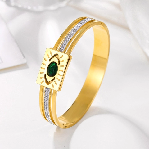 Stainless Steel Evil Eye Bangle For Women 18K Gold Plated Zirconia Green Gemstone Inlaid Adjustable Bracelet Jewelry Gift