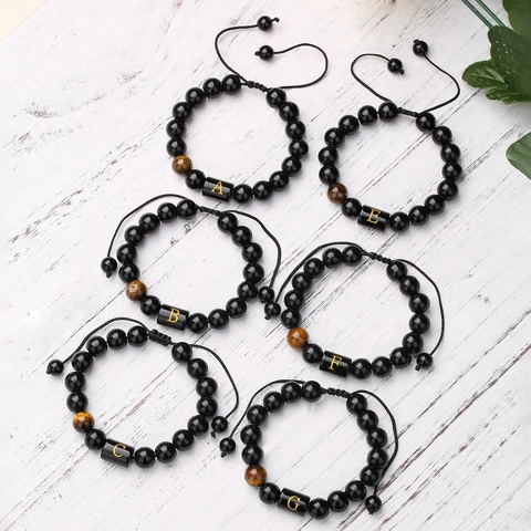 Heren Zwarte Steen Initiaal Armband Met Tijgeroog Gouden Hoofdletter Verstelbare Gevlochten Kralen Armband Sieraden