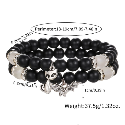 Gotisches Armband-Set Mit Matt Schwarzen Und Gefrosteten Weißen Perlen Legierung Katze Fledermaus Anhänger Damen Schmuck
