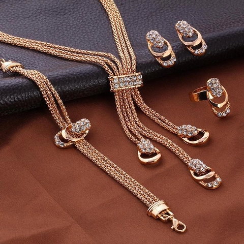 Luxury Alloy Rhinestone Jewelry Set For Women Gold Silver Plated Floral Daisy Geometric Necklace Earrings Bracelet Ring Set