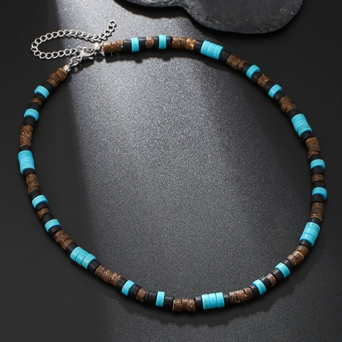 Bohemian Vintage Ethnic Beaded Necklace For Men Women Turquoise Coconut Shell Wood Bead Splicing Punk Hip Hop Jewelry