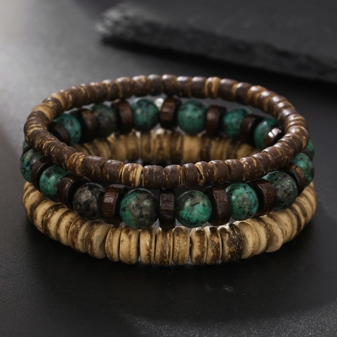 Conjunto De Pulseras Bohemias De Madera Vintage Para Hombre Mujer Hecho A Mano Étnico Piedra Sintética Multicapa Joyería Regalo