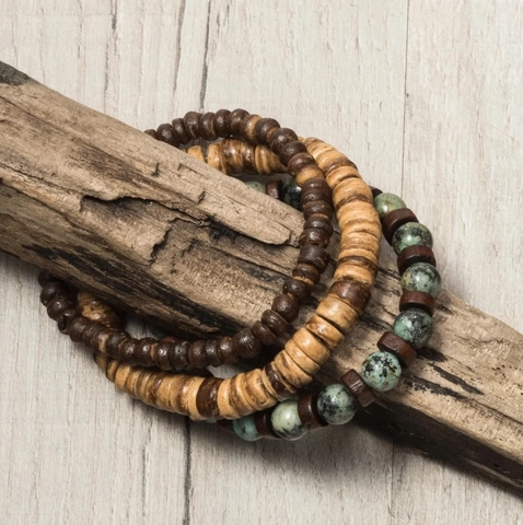 Conjunto De Pulseras Bohemias De Madera Vintage Para Hombre Mujer Hecho A Mano Étnico Piedra Sintética Multicapa Joyería Regalo