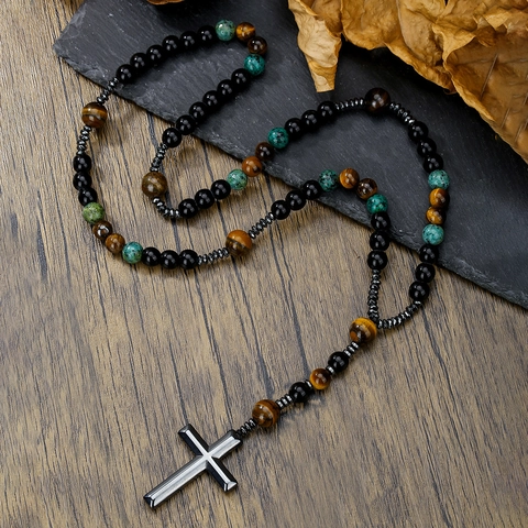 Collana con Croce in Perline di Pietra Naturale Occhio di Tigre Vintage Gioielli Hip Hop da Uomo Pendente in Lega