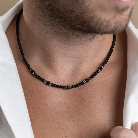 Herren Hip Hop Punk Matt Schwarzer Achat Lavastein Perlenhalskette Edelstahl Verstellbare Kette Herren Schmuck