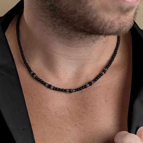 Herren Hip Hop Punk Matt Schwarzer Achat Lavastein Perlenhalskette Edelstahl Verstellbare Kette Herren Schmuck