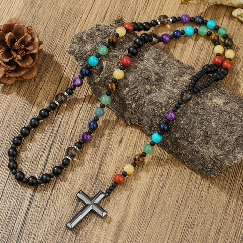 Vintage Natuursteen Kralen Kruis Halsketting Voor Heren Handgemaakte Tijgeroog Obsidiaan Hematiet Religieuze Boheemse Lange Gebedskralen Sieraden