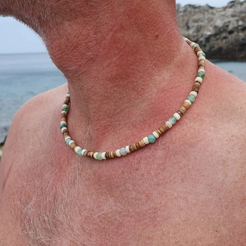 Handgefertigte Perlenkette Für Herren Kokosnussschale Grüne Aventurin Stein Ethnisch Böhmisch Urlaub Schmuck Zubehör