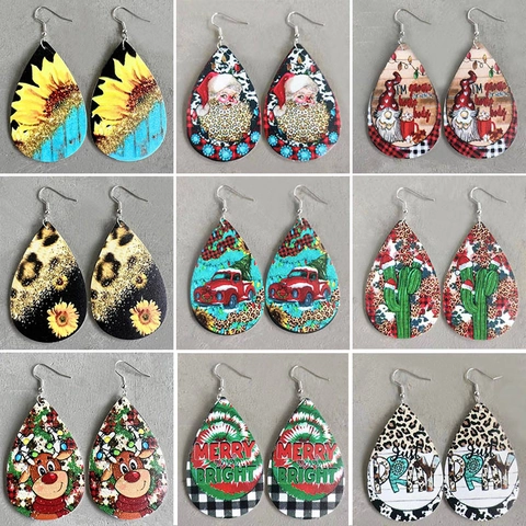 Christmas Teardrop Faux Leather Earrings Leopard Sunflower Gnome Santa Reindeer Print Bohemian Dangle Earring Holiday Party Women Jewelry
