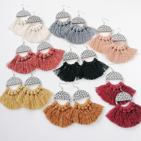 Bohemian Leopard Print Wood Tassel Drop Earrings For Women Handmade Woven Cotton Fan Shaped Ethnic Jewelry Gift