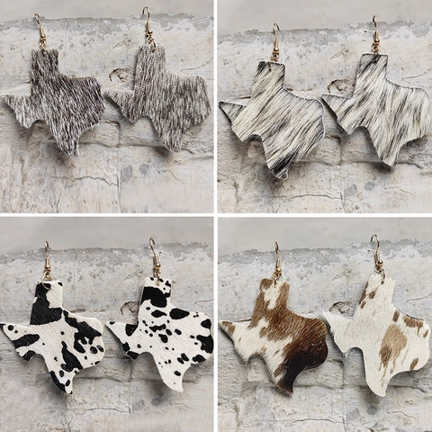 Western Texas Map Genuine Hair Leather Dangle Earrings Women Ethnic Cow Leopard Animal Print Copper Ear Hook Jewelry