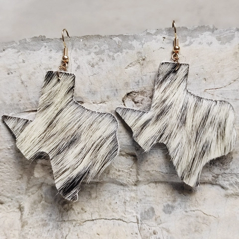 Western Texas Map Genuine Hair Leather Dangle Earrings Women Ethnic Cow Leopard Animal Print Copper Ear Hook Jewelry