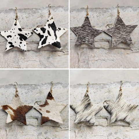 Pendientes de Gota de Estrella de Cuero Genuino Western Bohemio Estampado Animal Vaca Leopardo Estrellas Colgantes Joyería Mujer