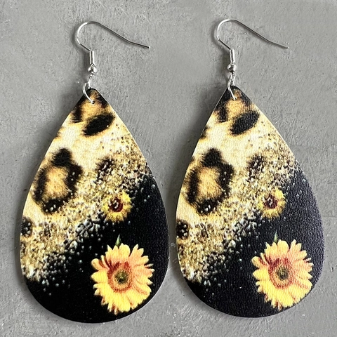 Christmas Teardrop Faux Leather Earrings Leopard Sunflower Gnome Santa Reindeer Print Bohemian Dangle Earring Holiday Party Women Jewelry