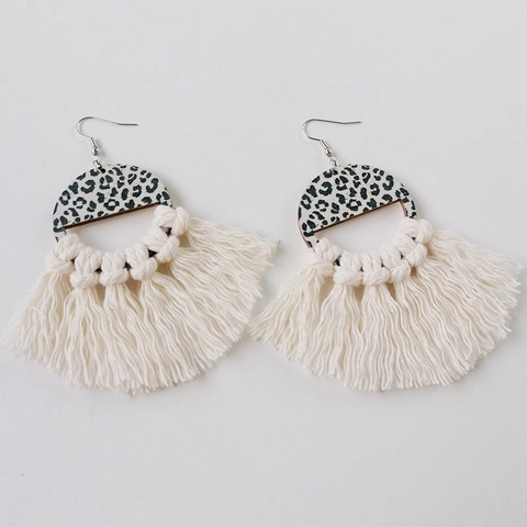 Bohemian Leopard Print Wood Tassel Drop Earrings For Women Handmade Woven Cotton Fan Shaped Ethnic Jewelry Gift