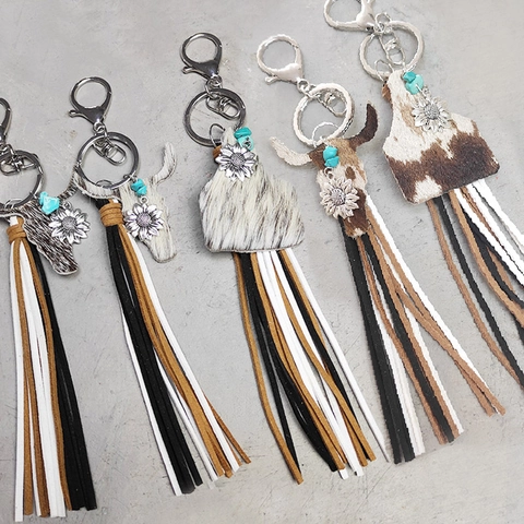 Bohemian Western Leather Tassel Keychain With Cow Head Sunflower Pendant Turquoise Bead Vintage Bag Charm Key Ring