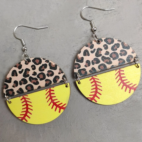 Leopard Print Sport Ball Wood Drop Earrings Baseball Basketball Soccer Volleyball Spliced Round Dangle Jewelry For Women