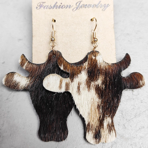 Orecchini Vintage in Vera Pelle di Vacchetta a Testa di Toro Western Cowboy Animale Mucca Leopardo Stampa Orecchini a Gancio in Rame