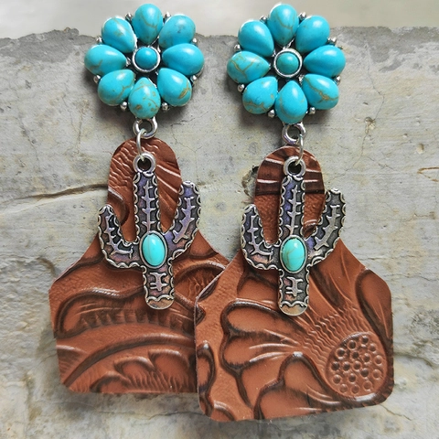 Bohemian Turquoise Cactus Flower Pendant Earrings For Women Vintage Western Alloy Embossed Cowhide Leather Drop Earrings Jewelry