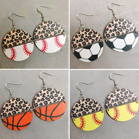 Leopard Print Sport Ball Wood Drop Earrings Baseball Basketball Soccer Volleyball Spliced Round Dangle Jewelry For Women