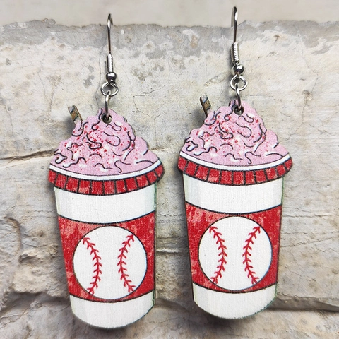 Creative Wood Milkshake Cup Dangle Earrings Sports Ball Pattern Soccer Basketball Football Jewelry For Women Girls