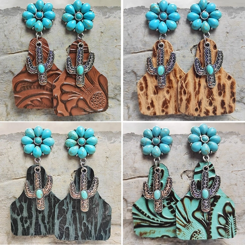 Bohemian Turquoise Cactus Flower Pendant Earrings For Women Vintage Western Alloy Embossed Cowhide Leather Drop Earrings Jewelry