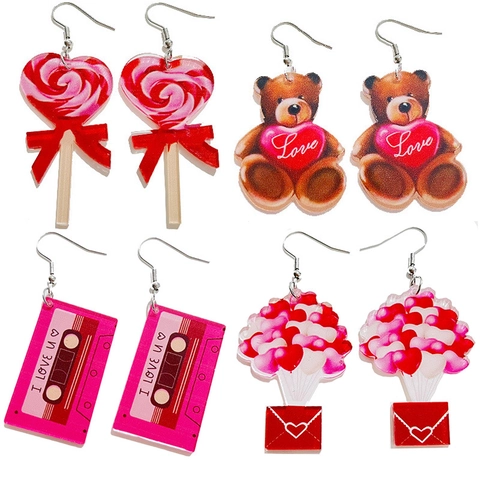 Cute Acrylic Heart Teddy Bear Lollipop Cassette Tape Owl Drop Earrings For Valentine's Day Party Women Girls Fashion Jewelry