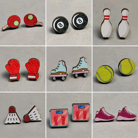 Creative Sport Theme Wooden Stud Earrings For Women Cute Table Tennis Badminton Boxing Bowling Skating Sneakers Billiards