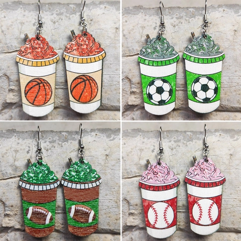 Creative Wood Milkshake Cup Dangle Earrings Sports Ball Pattern Soccer Basketball Football Jewelry For Women Girls