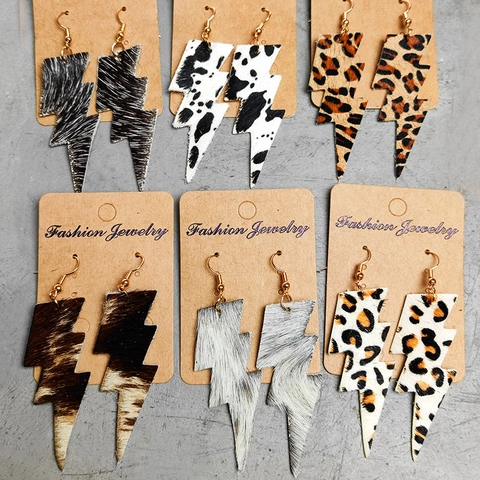Pendientes de Gota de Rayo Vintage Western Cowboy Cuero Auténtico Estampado Animal Leopardo Vaca Gancho de Cobre Joyería