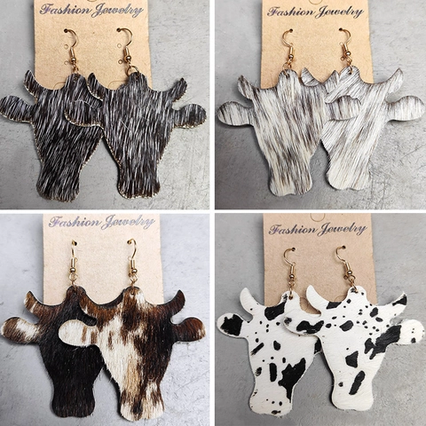 Orecchini Vintage in Vera Pelle di Vacchetta a Testa di Toro Western Cowboy Animale Mucca Leopardo Stampa Orecchini a Gancio in Rame