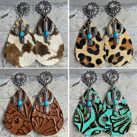Western Kaktus Leder Ohrhänger Für Damen Bohemian Kuhfell Leopard Türkis Inlay Legierung Sonnenblume Ethno Schmuck