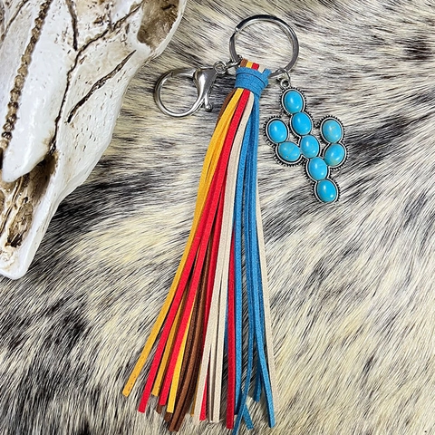 Western Bohemian Bunter Quasten Schlüsselanhänger Mit Synthetischem Türkis Legierung Vintage Ethnic Kunstleder Quaste Anhänger